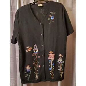 Vintage TEDDI Knit Black Birdhouse Motif Cardigan‎ Size XL Sweater